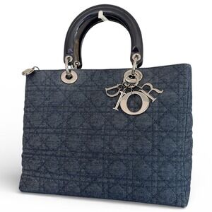 Christian Dior Lady Dior Medium Denim Navy Cannage Top Handle Bag Authenticated